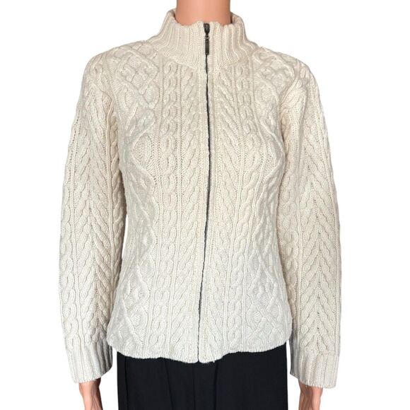 Inis Crafts Ireland Size S Ivory 100% Merino Wool Chunky Cable Knit Zip Cardigan - Picture 1 of 6